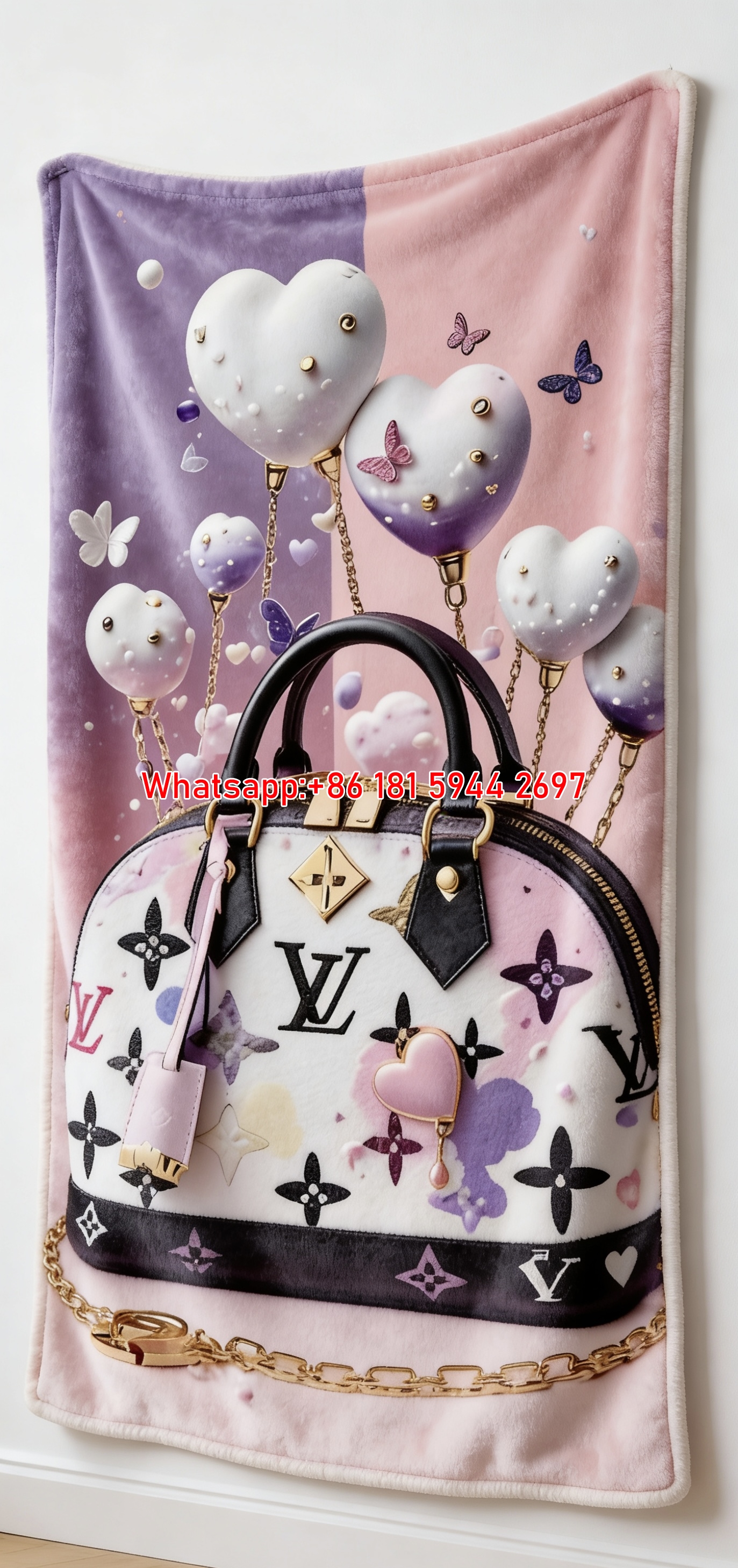 Pink Purple Heart Balloon Flannel Throw Blanket 408
